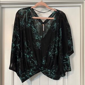 Free People Sheer Boho Floral Batwing Top | Asymmetrical Hem | Size L